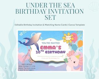 Under the Sea Axolotl Birthday Invitation Set | Editable Canva Template