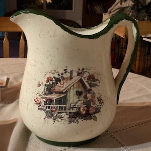 Vintage Country Farmhouse Ceramic Pitcher, Birdhouse and Songbirds Floral design, Rustic Cottagecore Vase or Kitchen Decor