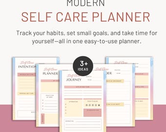 May include: A modern self-care planner with a pastel color scheme. The planner includes sections for intentions, goals, and daily reflections. The text reads "Self Care Planner" and "Instant Download".