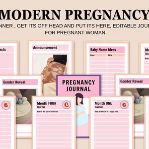 May include: A pink and white pregnancy planner with sections for medical contacts, announcements, and baby name ideas. The planner includes the text "MODERN PREGNANCY" and "PREGNANCY JOURNAL."