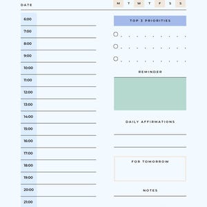 Puede incluir: Un planificador diario azul claro con el texto "Daily Planner" y "Do more of what you love". El planificador incluye secciones para la hora, las principales prioridades, recordatorios, afirmaciones diarias y notas.