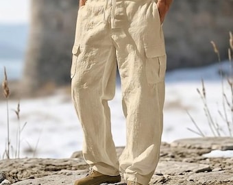Medieval Linen Cargo Pants, Viking Pirate Trousers, Renaissance Drawstring Pants, Men's Loose Fit Linen Pants, LARP Viking Clothing