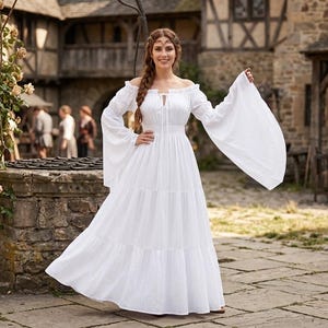 white peasant maxi dress White Bohemian Peasant Belted Maxi Dress Embroidered Mesh Lace Balloon Sleeve S