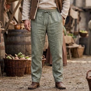 Viking Linen Pants for Men, Medieval Drawstring Trousers, Renaissance Faire Clothing, Norse Warrior Pants, LARP Costume Bottoms Army Green