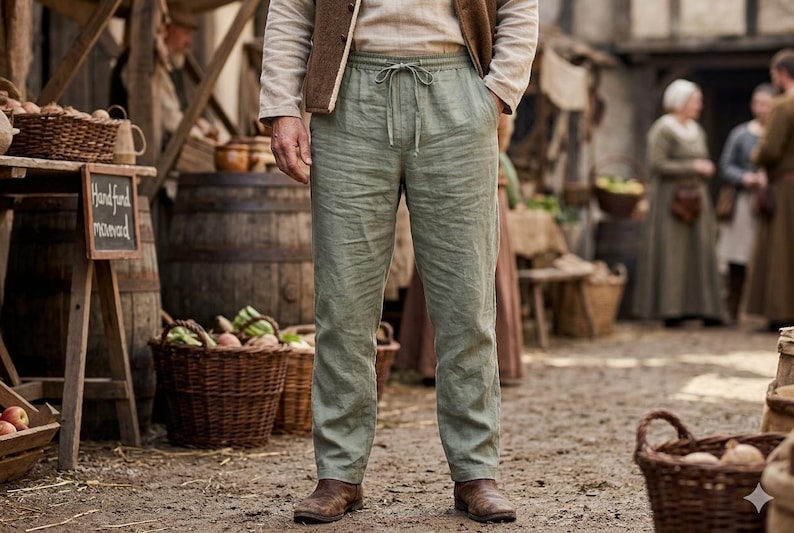 Viking Linen Pants for Men, Medieval Drawstring Trousers, Renaissance Faire Clothing, Norse Warrior Pants, LARP Costume Bottoms Army Green