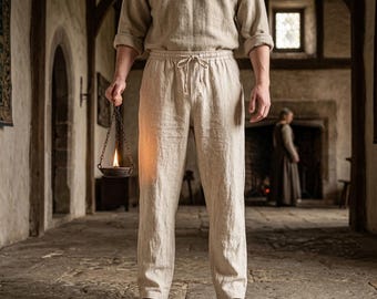 Viking Linen Pants for Men, Medieval Drawstring Trousers, Renaissance Faire Clothing, Norse Warrior Pants, LARP Costume Bottoms