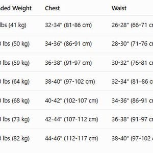 May include: A black and white sizing chart table displaying garment measurements for sizes M through 5XL. Columns include recommended weight in lbs, chest and waist measurements in inches, and height in feet and inches for each size category.