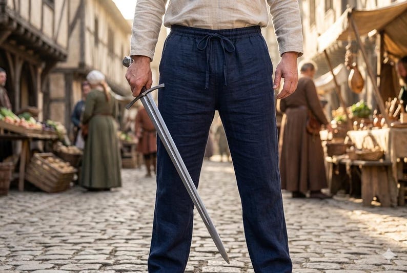 May include: A pair of dark blue linen trousers featuring an elastic waistband with a drawstring closure, worn with a light-colored long-sleeved shirt. A metal sword with a cross-guard is held in one hand, pointing downward toward the ground.