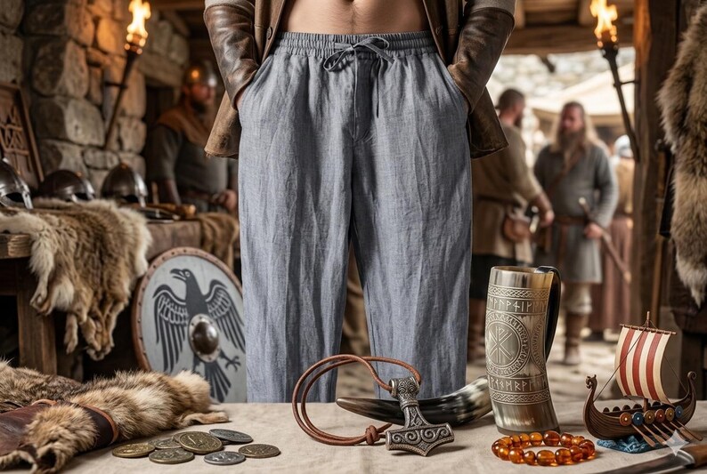 May include: Light blue drawstring trousers with a relaxed fit and an elastic waistband. The pants feature two side pockets and are made of a textured fabric. The trousers are worn with a brown leather jacket, showcasing a casual and comfortable style.