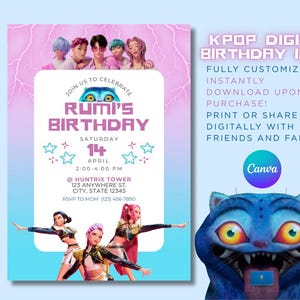 May include: A digital K-Pop birthday invite with a pink and purple gradient background. The invitation includes the text "Rumi's Birthday" and event details. The design features K-Pop group members and a cartoon cat. The Canva logo is also visible.