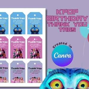 以下が含まれることがあります： 青、ピンク、グレーのKPOP誕生日サンキュータグのシート。各タグには「Thank You For Making My Birthday Golden!」というテキストと、漫画のキャラクターまたはKPOPグループのグラフィックが描かれています。背景は薄紫色です。