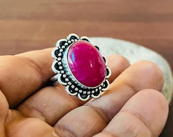 Anello in argento sterling con rubino, fatto a mano, stile boho.