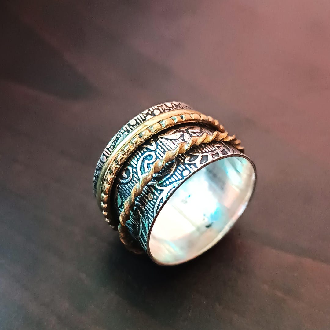 Sterling Silver Boho Spinner Ring, Brass Tone, Meditation Fidget Ring ...