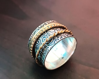 Sterling Silver Boho Spinner Ring, Brass Tone, Meditation Fidget Ring