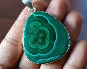 Handmade Boho Malachite Sterling Silver Pendant, Gemstone Jewelry