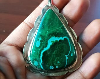 Handmade Boho Malachite Pendant, 925 Sterling Silver