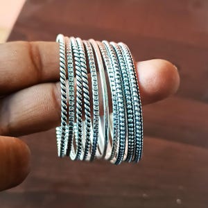 Sterling Silver Beaded Bangle Set: Boho Stacking Bangles