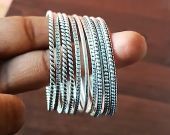 Sterling Silver Beaded Bangle Set: Boho Stacking Bangles
