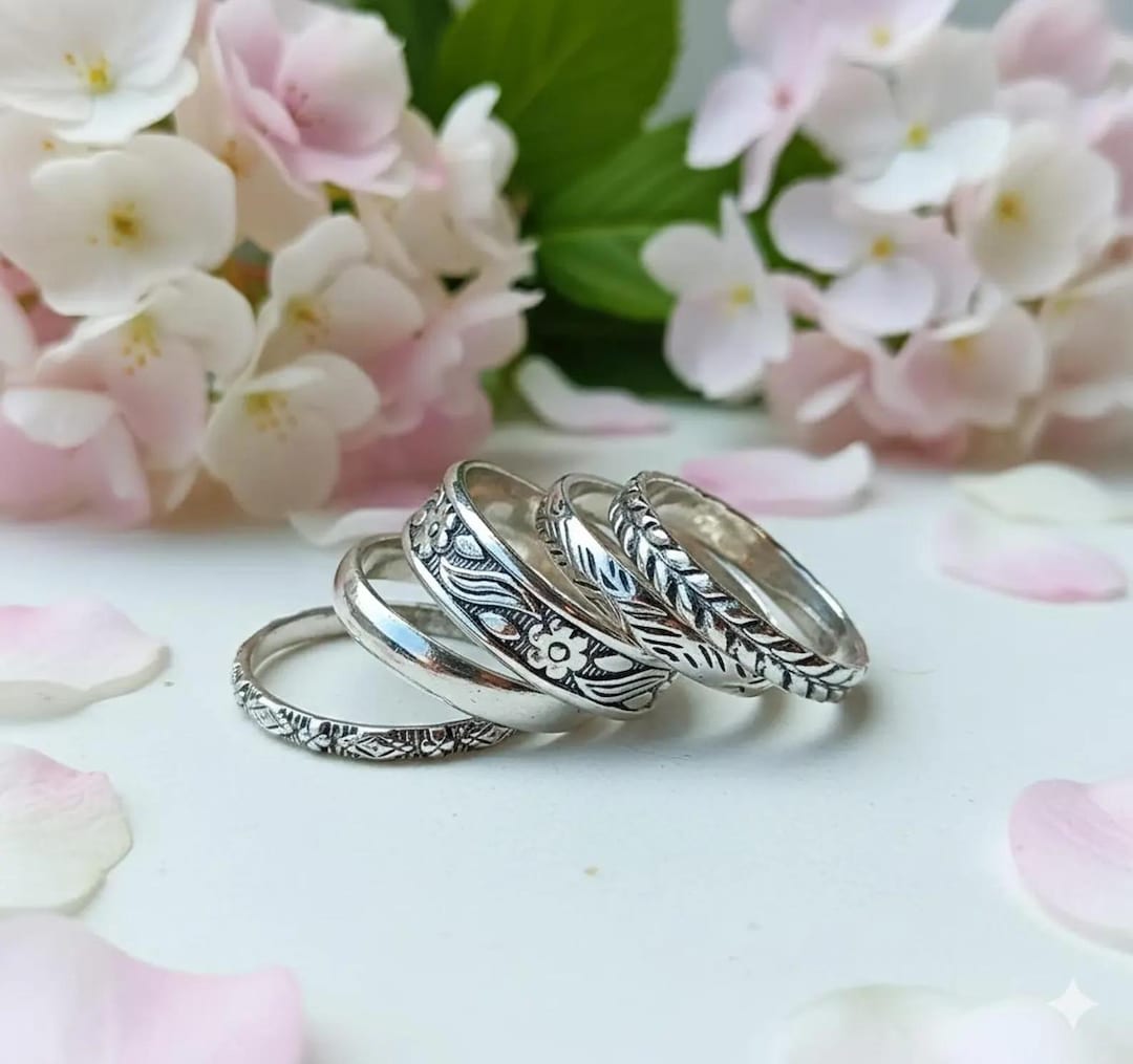 Handmade Sterling Silver Stacking Ring Set: Floral Design - Etsy
