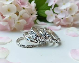 Ensemble de bagues empilables en argent sterling faites main : motif floral