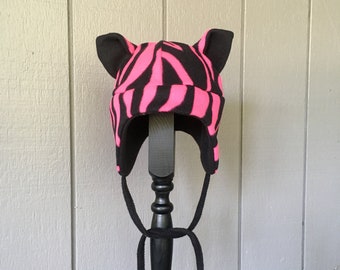 Tiger Hat, Pink and Black, Fleece Winter Hat, Handmade Hat, Handmade Fleece Hat, Winter Hat, Child Hat, Girl Hat, Teen Gift Idea