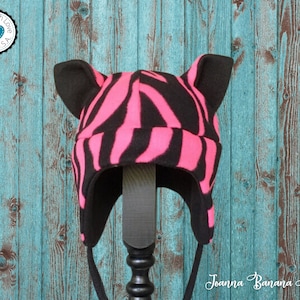 Tiger Hat, Pink and Black, Fleece Winter Hat, Handmade Hat, Handmade Fleece Hat, Winter Hat, Child Hat, Girl Hat, Teen Gift Idea, Anime Hat