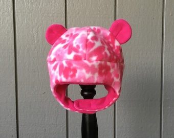 Pink Floral Bear Hat, With Chin Strap, Kids Winter Hat, Girls Winter Hat, Handmade Fleece Hat, Winter Hat, Little Girl Gift Idea