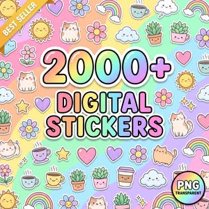 Può includere: Una collezione di 2000+ adesivi digitali con colorate illustrazioni kawaii di gatti, arcobaleni, fiori, cuori, stelle, nuvole, tazze di caffè e piante grasse su uno sfondo arcobaleno pastello con il testo 2000+ DIGITAL STICKERS.