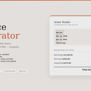 May include: A digital invoice generator interface with the text "Invoice Generator" in a bold font. The interface includes a sample invoice with details like invoice number, date, and client information. It also highlights features like offline use and auto-calculated totals.
