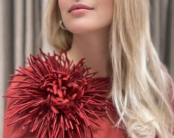 Red Silk Flower Brooch Oversized Magnetic, Gift for Her, Statement Chrysanthemum Pin Graduation Gift