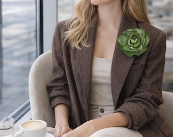 Green Silk Peony Brooch, Magnetic Oversize Pin Botanical Floral Accessory  Gift for Her