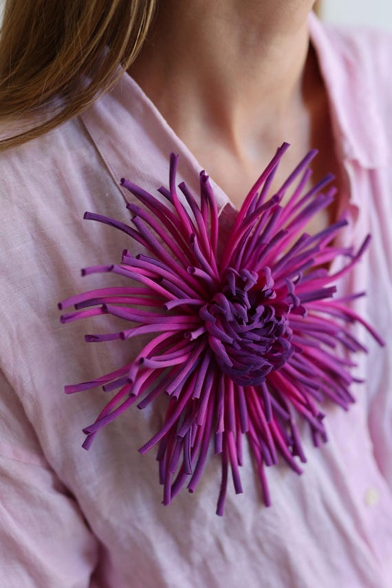 Oversized Silk Flower Brooch: Handmade Fuchsia Purple Chrysanthemum