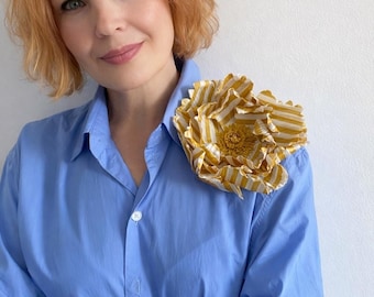 Striped Silk Peony Brooch Oversized Magnetic Pin, Unique Statement Floral Accessory Gift for Her