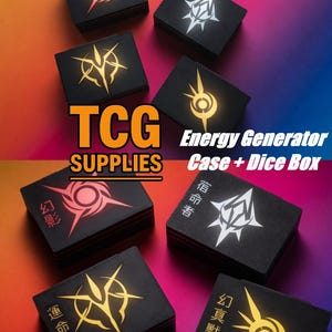 May include: Black TCG Supplies Energy Generator Case + Dice Box with various glowing symbols in red, white, and yellow. The text "TCG SUPPLIES" and "Energy Generator Case + Dice Box" are also visible.