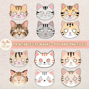 Puede incluir: Una colección de máscaras de gato imprimibles en varios colores y patrones, incluyendo diseños atigrados, grises y blancos. Las máscaras tienen agujeros para los ojos y están diseñadas para formatos de archivo PDF y PNG. El texto en la imagen dice "Printable Cat Masks - PDF and PNG Files."