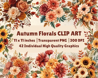 Autumn Watercolor Floral Bouquets Clipart: Fall PNG Rustic Illustrations 300 DPI Digital Download