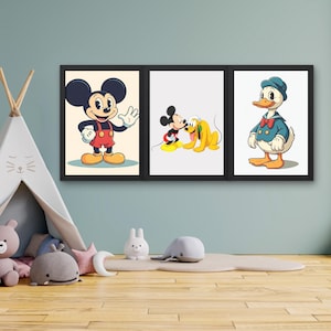Set of 3 Mickey Mouse Nursery Prints – Wall Art Decor Featuring Donald Duck & Pluto, Baby Room Digital Download, Printable Disney Art