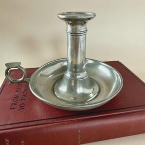 Vintage Pewter Chamberstick Candlestick Holder: Colonial Farmhouse Decor