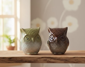 May include: Two ceramic owl figurines. One is light green with a speckled finish, the other is brown with a glossy glaze. Both have large, round eyes and a textured surface. They are displayed on a wooden shelf.