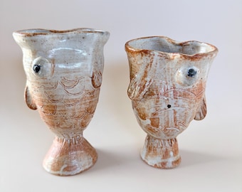 Vintage Studio Pottery Fish Vases Set of 2, Mid Century Ceramic Coastal Boho Decor