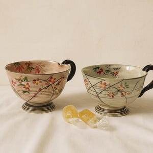 Vintage Japanese Kiyomizu-yaki Porceilin Cups - Hand-painted Flora Tea Cups (set of 2, Kyoto Pottery,清水焼)