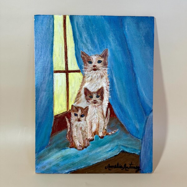 Vintage Cat Family Painting: Hand-Painted Mother Cat & Kittens, Signed Artwork