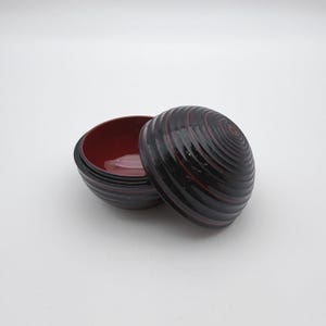 Vintage Japanese Lacquerware Ball Box, Black & Red Ribbed Sphere Trinket Box, 1980s Round Lidded Lacquer Box