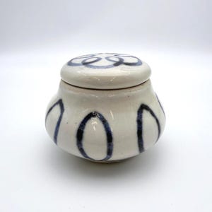 Vintage Signed Studio Pottery Lidded Jar, Blue Swirl Trinket Dish, Boho Gift