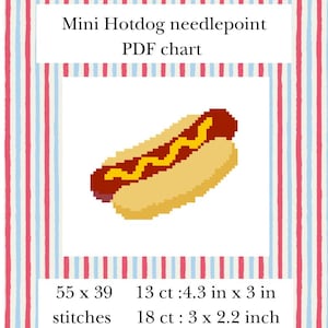 May include: A digital PDF chart for a mini hotdog needlepoint project. The image shows a pixelated hotdog with a red sausage and yellow mustard in a bun. The chart is 55 x 39 stitches, with 13 ct at 4.3 in x 3 in and 18 ct at 3 x 2.2 inch.