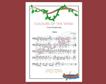 Colores del viento (de Pocahontas) / Partitura fácil para violonchelo / Descarga digital (PDF imprimible)