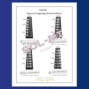 Pode incluir: Um quadro educativo branco intitulado VIOLIN Notes & Fingerings (First Position) apresentando quatro diagramas pretos de escalas de violino com etiquetas de cordas GDAE, notação musical e números de dedos, com o logótipo roxo SOL-MI STUDIO.