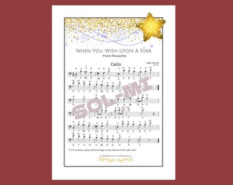 Cuando le pides un deseo a una estrella (de Pinocho) / Partitura fácil para violonchelo / Descarga digital en PDF imprimible