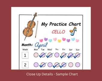 Tabla de práctica mensual y semanal de violonchelo para niños / Registro de práctica fácil de usar / PDF imprimible /