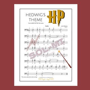 Może przedstawiać: Nuty do "Hedwig's Theme" z serii filmów o Harrym Potterze, zaaranżowane na wiolonczelę. W prawym górnym rogu znajduje się złote logo "HP". Nuty zawierają zapis nutowy i nazwisko kompozytora, John Williams.